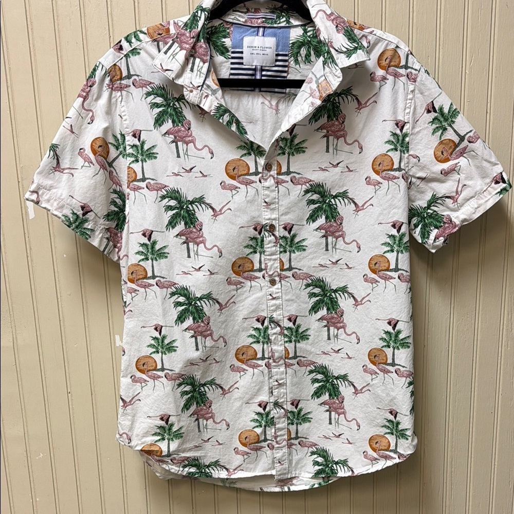 Men’s Denim & Flowers SZ L Short Sleeve Shirt Tropical Beach Party Spring/Summer
